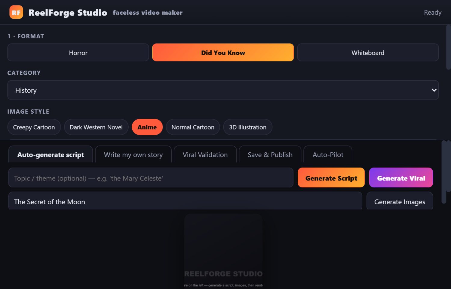 ReelForge Studio app interface